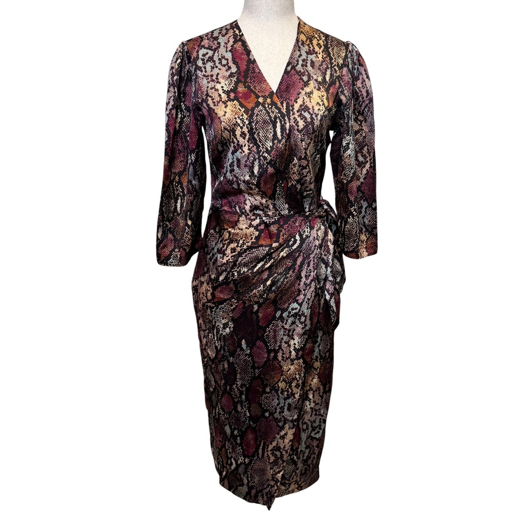 Rebecca Taylor Silk Wrap Dress 2 Multi Snakeskin Midi Chic Evening Designer